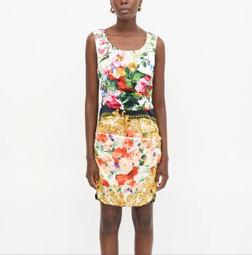 Dolce & Gabbana Silk Floral Bouquet Iconic Sleeveless Rouched Dress - Picture 2 of 15